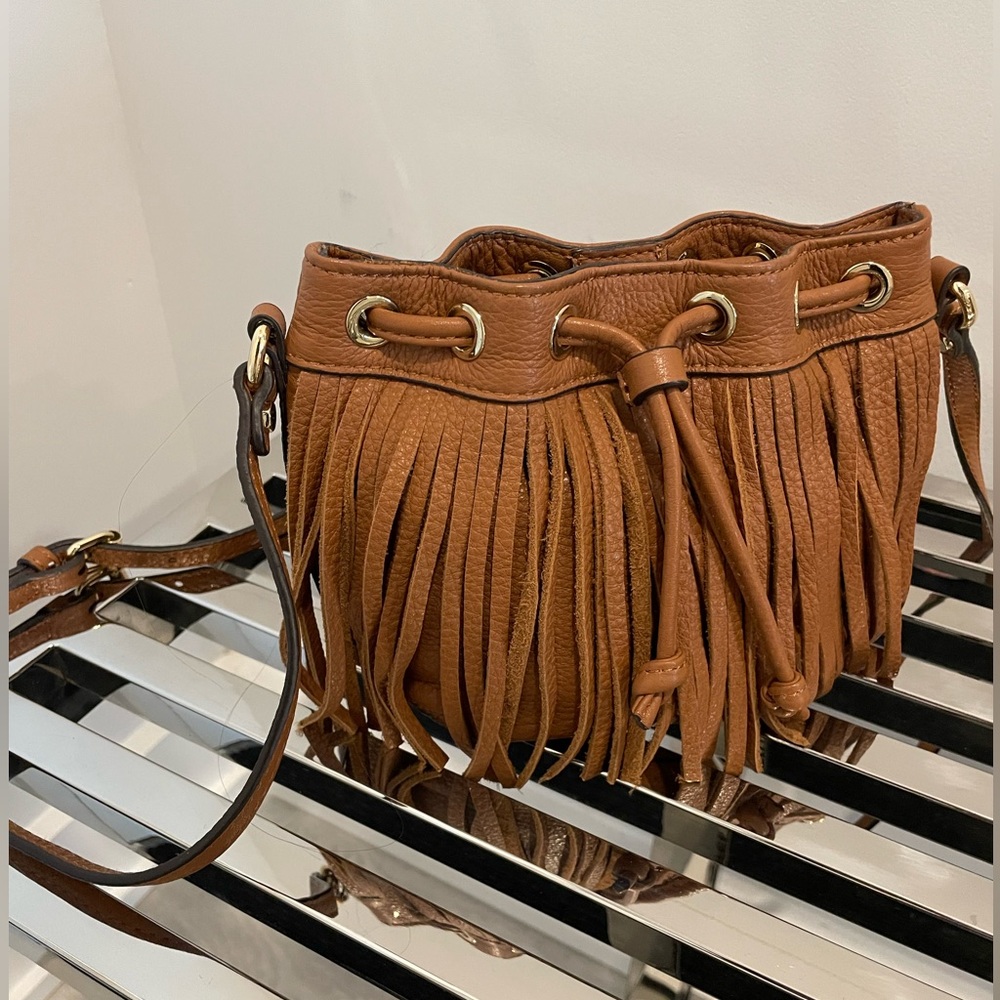 Hippie Chic Rebecca Minkoff fringe Lexi bucket Almond handbag